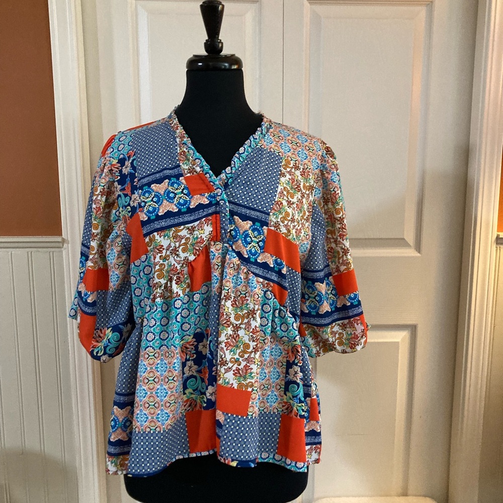 Vibrant Patchwork Blouse - Blue and Orange